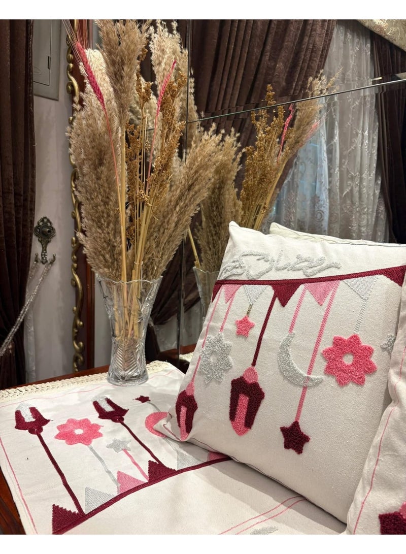 i diD Pink Ramadan Decor Set - Premium Cotton Duck with Festive Embroidery - Includes Runner (140×42 cm) & 2 Cushion Covers (42×42 cm) - Image 2